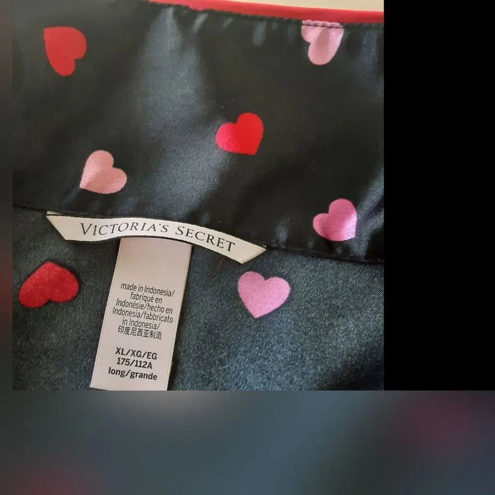 VICTORIA'S SECRET Black Satin Pink Hearts Pajama Shirt Sz XL